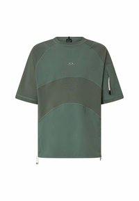 Kurzärmliges T-Shirt mit Rundhalsausschnitt aus dunkelgrünem Stoff. Verfügt über kontrastierende Strukturpaneele und einen verstellbaren Saum mit Kordelzügen.