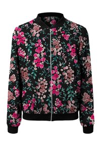 Giacca bomber floreale nera con zip frontale. Presenta fiori rosa, rossi e beige con foglie verdi. Polsini e orlo elasticizzati. Tessuto morbido.