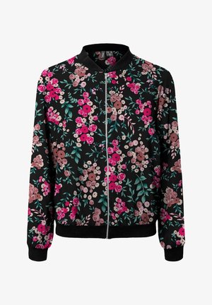 Giacca bomber floreale nera con zip frontale. Presenta fiori rosa, rossi e beige con foglie verdi. Polsini e orlo elasticizzati. Tessuto morbido.