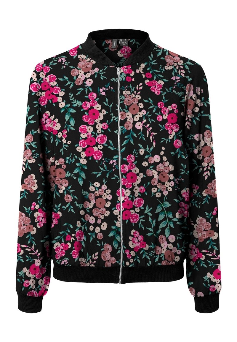 Giacca bomber floreale nera con zip frontale. Presenta fiori rosa, rossi e beige con foglie verdi. Polsini e orlo elasticizzati. Tessuto morbido.