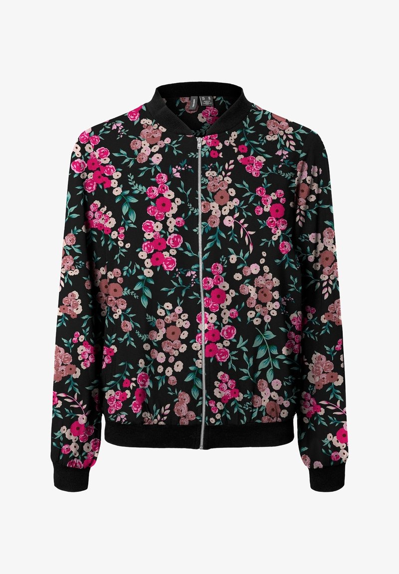 Giacca bomber floreale nera con zip frontale. Presenta fiori rosa, rossi e beige con foglie verdi. Polsini e orlo elasticizzati. Tessuto morbido.