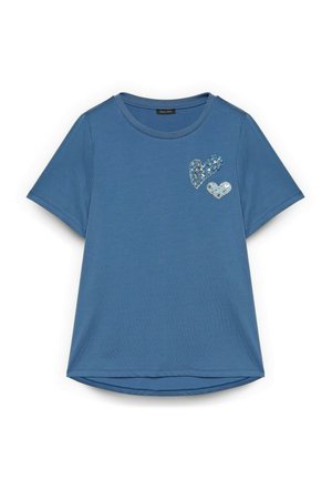 Blaues Kurzarmhemd mit rundem Ausschnitt, mit zwei dekorativen Herz-Patches mit Pailletten auf der oberen linken Brust.