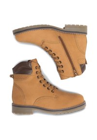 Pāris tan krāsas ādas auklējamo zābaku ar brūnu mīksto apkakli un sānu rāvējslēdzējiem, attēlots sānu un apakšas skatījumos.