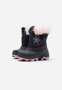 Black waterproof boots with a pink fur cuff, snowflake embroidery, and a rugged sole. Soft texture, mid-calf height, suitable for winter.