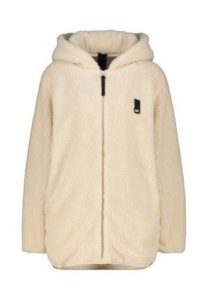 Cream-colored, full-zip fleece jacket with hood and black zipper pull, featuring small black patch logo on left chest.