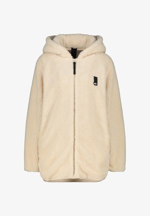 Cream-colored, full-zip fleece jacket with hood and black zipper pull, featuring small black patch logo on left chest.