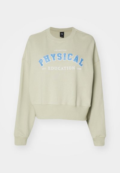 Cropped sweatshirt in soft, light green cotton with blue "PHYSICAL EDUCATION" print. Features ribbed cuffs and crew neck.