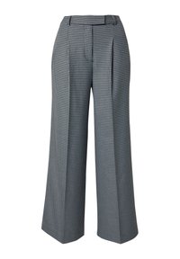 Zwart-witte houndstooth-gepatroneerde broeken met plooien, wijde pijpen en een op maat gemaakte tailleband. Gemaakt van gladde stof.