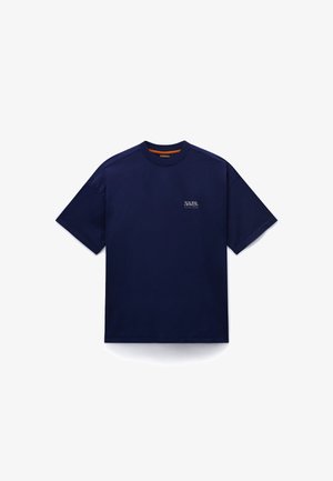 Navy blue cotton t-shirt with short sleeves, round neckline, and a small logo on the left chest. Smooth texture, regular fit.