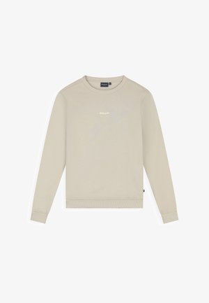 Beige Sweatshirt mit Rundhalsausschnitt und langen Ärmeln, gerippten Bündchen und Saum, mit kleinem weißen "BALLIN'"-Logo auf der Brustmitte.