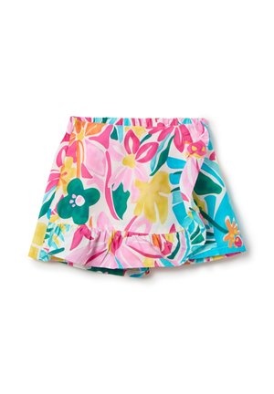 Jupe enfant colorée à motif floral, avec short intégré et ourlet volanté, aux tons roses, jaunes, verts et bleus.