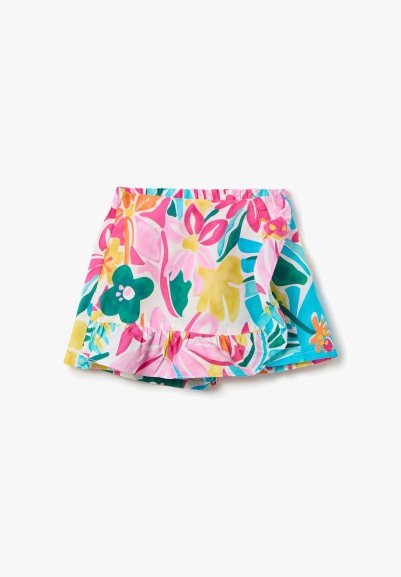 Jupe enfant colorée à motif floral, avec short intégré et ourlet volanté, aux tons roses, jaunes, verts et bleus.