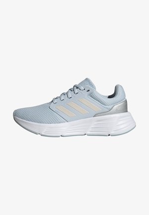 Light blue athletic sneakers with a textured mesh upper, white cushioned outsole, and cream-colored stripes on the sides.