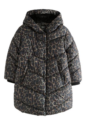 Doudoune enfant à capuche avec imprimé léopard marron et noir et poches devant, conçue pour temps froid.
