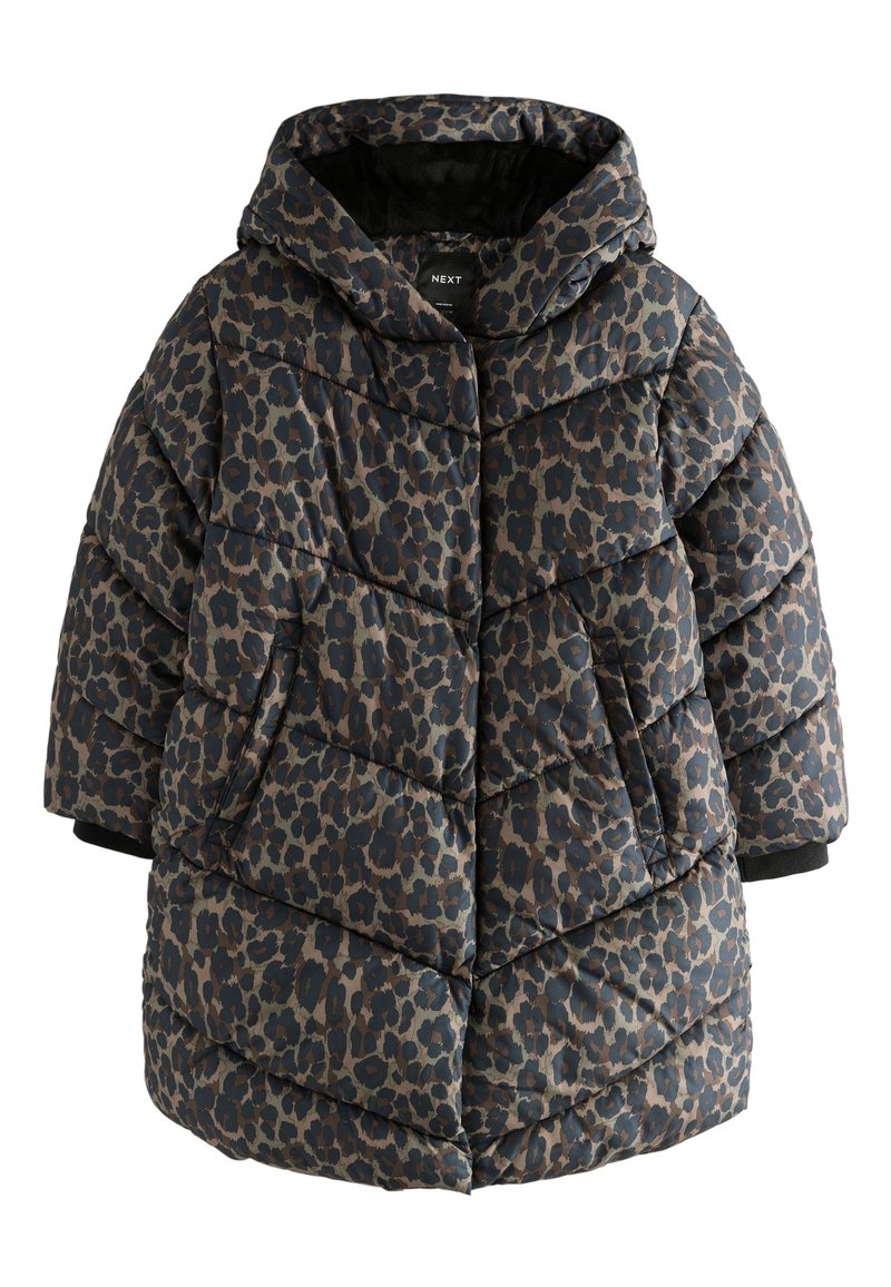 Doudoune enfant à capuche avec imprimé léopard marron et noir et poches devant, conçue pour temps froid.