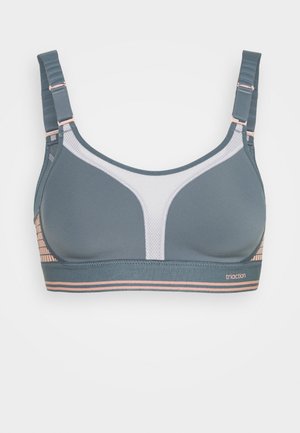 Sport-BH in gedämpftem Blau mit einem weißen Mesh-Mittelteil, verstellbaren Trägern und einem rosa gestreiften elastischen Bund mit "triaction"-Markierung.