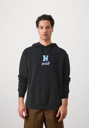 Black hoodie made of cotton blend, featuring a front pocket and a colorful graphic logo at the chest. Cuffs and hem are fitted.