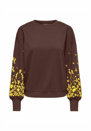 Felpa marrone a maniche lunghe con ricamo floreale giallo che copre densamente la metà inferiore di entrambe le maniche e polsini a costine.