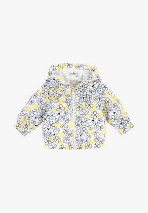 Chaqueta blanca para bebé con capucha, cremallera frontal y patrón floral amarillo y negro que cubre toda la prenda.
