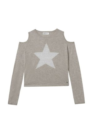 Light gray long-sleeve sweater with cold shoulder cutouts and a large white star on the front.