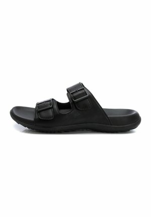 Sandalias deslizantes negras con dos hebillas ajustables, hechas de piel suave con una suela acolchada y fondo de goma texturizada para un mejor agarre.