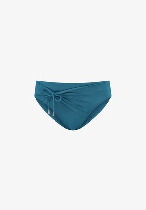 Teal bikini onderkant gemaakt van gladde stof, met een trekkoorddetail aan de voorkant met metalen accenten. Klassieke snit en minimalistisch ontwerp.