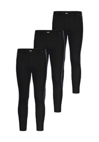 Schwarze Leggings mit gerippter Textur, die ein körpernahes Design aufweisen. Drei Paare übereinander gestapelt mit kleinem Logo in der Nähe des Taillenbundes.