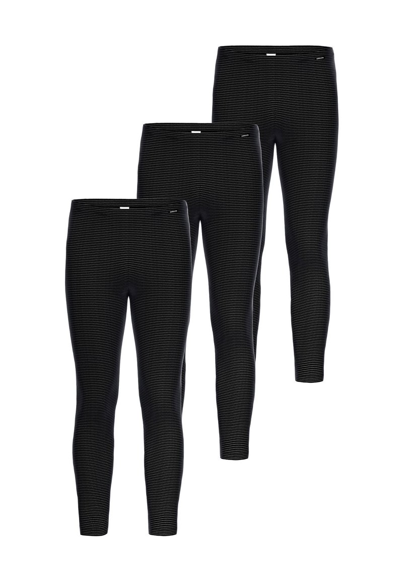Schwarze Leggings mit gerippter Textur, die ein körpernahes Design aufweisen. Drei Paare übereinander gestapelt mit kleinem Logo in der Nähe des Taillenbundes.