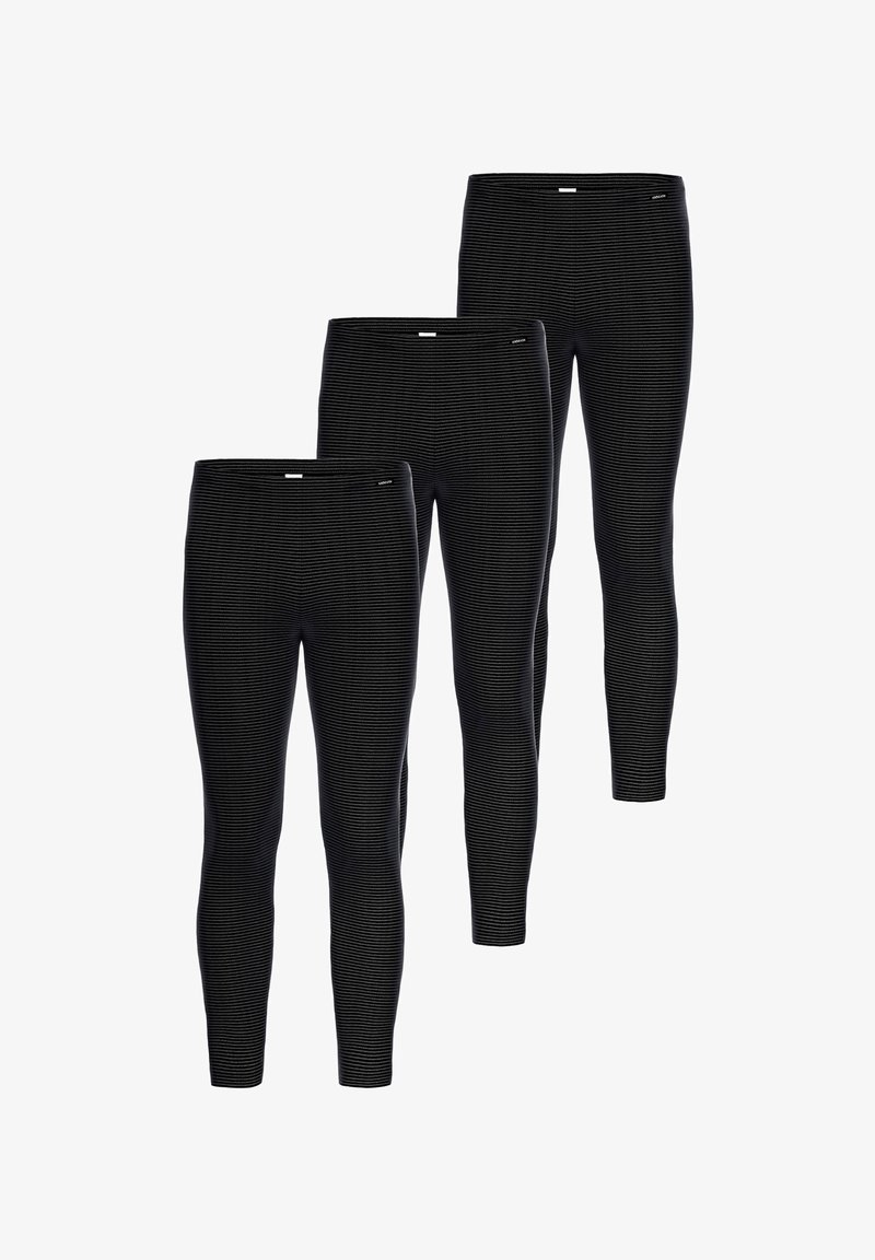 Schwarze Leggings mit gerippter Textur, die ein körpernahes Design aufweisen. Drei Paare übereinander gestapelt mit kleinem Logo in der Nähe des Taillenbundes.