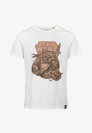 Biała bawełniana koszulka z vintage'owym brązowym wzorem przedstawiającym Ewoka z napisem "STAR WARS" powyżej, ozdobiona bronią i akcentami postaci.