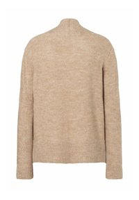 Béžový pletený svetr s vysokým límcem, dlouhými rukávy a žebrovanými manžetami. Tkanina má jemnou strukturu a jemný melírovaný vzor.