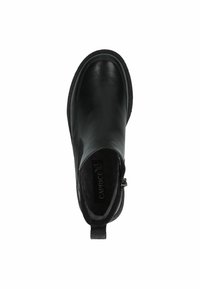 Botte de cheville en cuir noir avec un bout rond, fermeture éclair sur le côté et semelle texturée. L'intérieur présente une étiquette de marque. Fini de surface lisse.