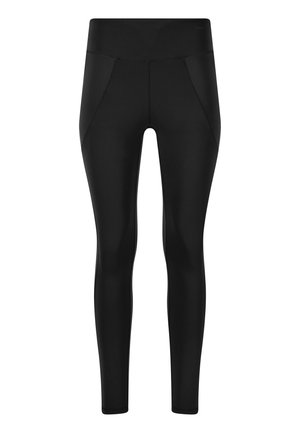 Sorte leggings lavet af glat, strækbart stof med høj talje og skrå sømme. Slank, tætsiddende design uden synligt hardware.
