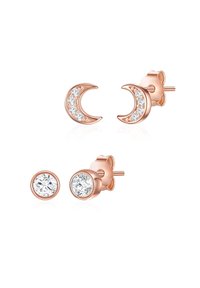 Ohrringe aus Roségold mit einem Design in Form eines Halbmondes, verziert mit kleinen Kristallen, sowie runden Ohrsteckern mit klarem Stein.