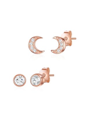 Ohrringe aus Roségold mit einem Design in Form eines Halbmondes, verziert mit kleinen Kristallen, sowie runden Ohrsteckern mit klarem Stein.