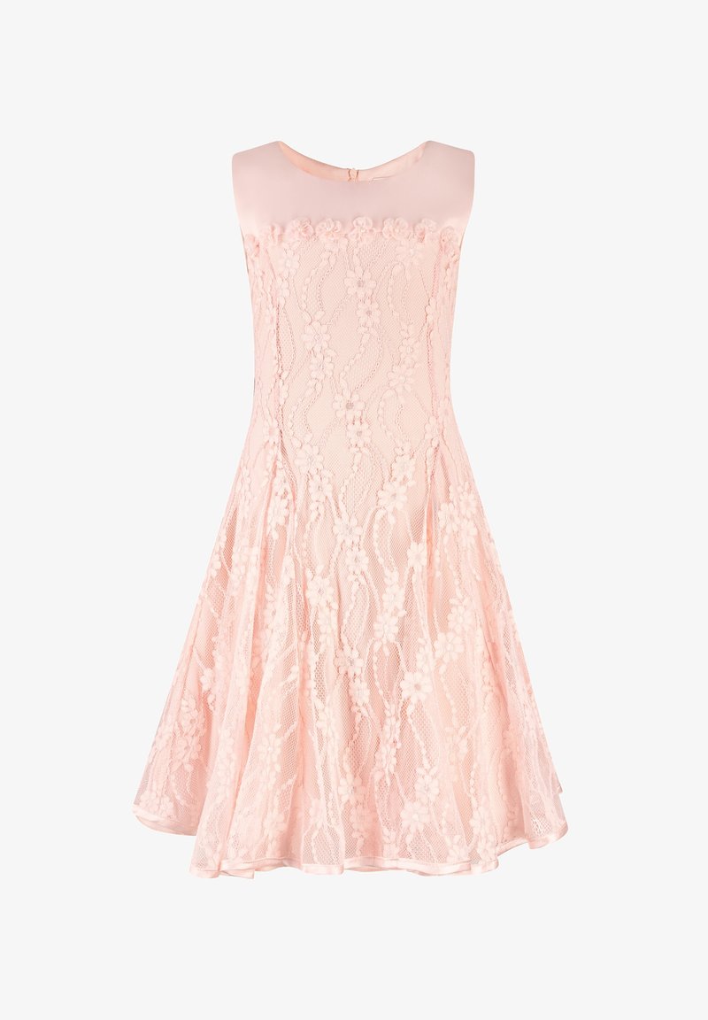 Růžové bezrukávové šaty s krajkovou vrstvou, květinovými vzory, těsným živůtkem a rozšířenou sukní. Obsahují saténový výstřih a zadní zip.