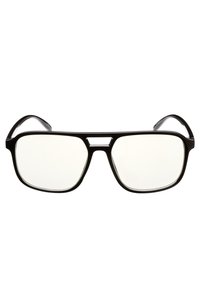 Černé obdélníkové sluneční brýle s tlustým rámem, vybavené průhlednými čočkami a malým akcentem na nose. Lesklý povrch na ramenou.