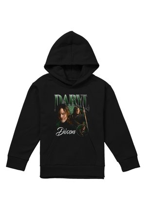 Schwarzer Kapuzenpullover mit drei Bildern eines Mannes mit langen Haaren und einem Stab, mit dem Schriftzug "Daryl Dixon" in Grün und Weiß.