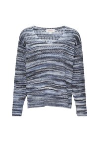 Gebreide trui met een v-hals en lange mouwen, voorzien van een gestreept patroon in tinten blauw en grijs, gemaakt van een zachte, gestructureerde stof.
