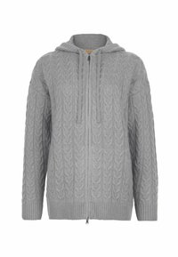 Szara bluza rozpinana na zamek, wykonana z teksturowanej dzianiny z wzorem w warkocz, z kapturem oraz prążkowanymi mankietami i obszyciem dolnym.