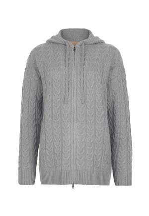 Felpa con cappuccio grigia con zip realizzata in tessuto a maglia strutturato con motivo a trecce, dotata di cappuccio, polsini e orlo a coste.