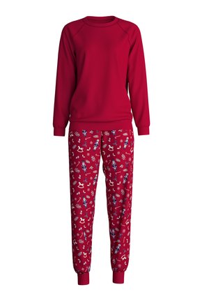 Set di abbigliamento loungewear rosso composto da una felpa con collo a giro e pantaloni a fantasia con motivi festivi come soldatini di legno, fiocchi di neve e uccelli.