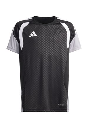 Czarna i szara sportowa koszulka z krótkim rękawem z białymi akcentami, fakturowanym panelem z przodu i małym logo Adidas na piersi.