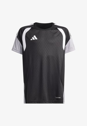 Sort og grå kortærmet sportsskjorte med hvide detaljer, et tekstureret forstykke og et lille Adidas-logo på brystet.