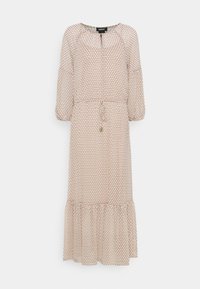 Lång klänning i beige med ett vågmönster i brunt. Har rund halsringning, gathered ärmar och en flerlagerskjol med dragsko-detalj.