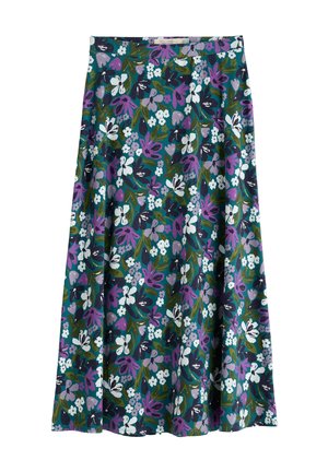 Išsiplėtusi gėlių sijonas su žaliai mėlynu fonu, žaliais lapais ir violetinėmis, baltomis bei rožinėmis gėlėmis; pagaminta iš minkštos medžiagos su sklandžia tekstūra.