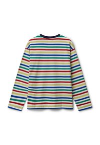 Krajková košile s dlouhým rukávem s horizontálními pruhy v červené, modré, zelené, žluté a bílé barvě, zobrazená zezadu na bílém pozadí.