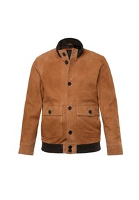 Bruine leren jas met hoge kraag, knoopsluiting aan de voorkant, twee borstzakken en geribbelde zwarte zoom. Soepele textuur en klassiek design.