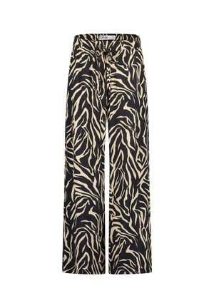 Sort og beige vide bukser med zebra-print, der har elastik i taljen og en snøre-lukning. Glat tekstilfinish.