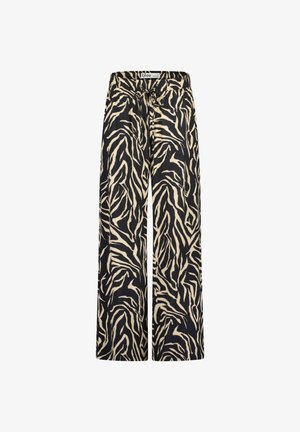 Black and beige wide-leg trousers with a zebra print, featuring an elastic waistband and a drawstring closure. Smooth textile finish.